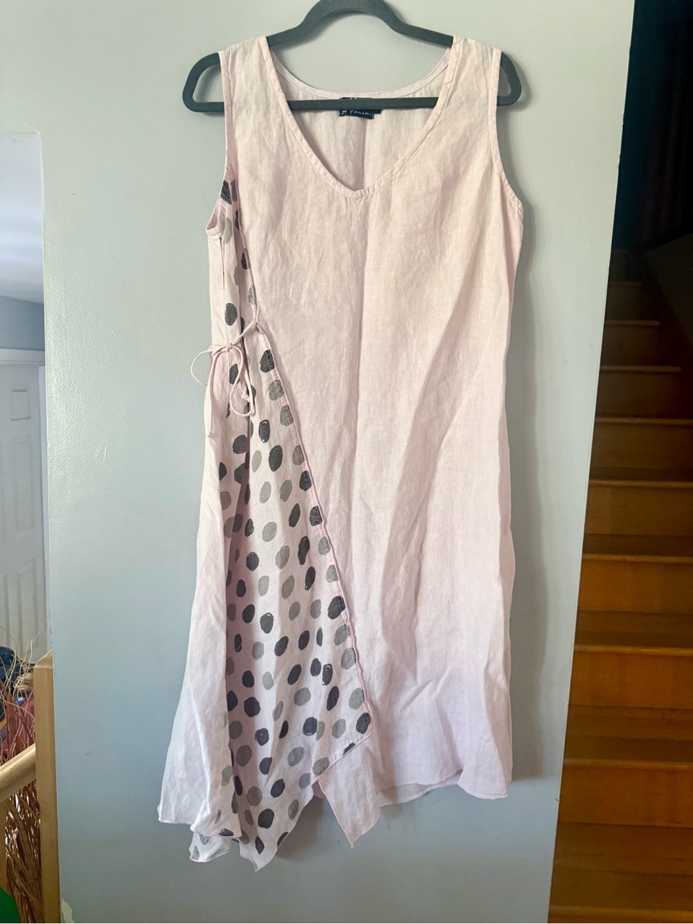 Fenini Boho Lagenlook Linen Asymmetric Polka Dot Midi Wrap Dress